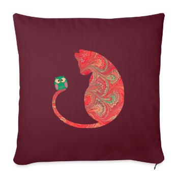 Chat avec hibou E 91 - Housse de coussin décorative 45 x 45 cm - bordeaux - Devant