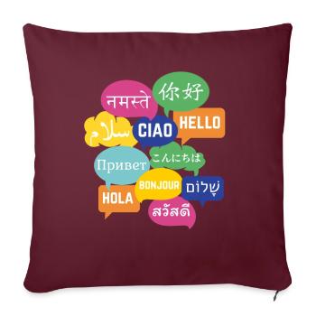 Buntes Sprechblasen-Design "Hallo", viele Sprachen - Sofakissenbezug 45 x 45 cm - Burgunderrot - Vorne