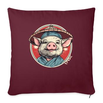 Paysan chinois avec chapeau de paille cochon de dessin animé - Housse de coussin décorative 45 x 45 cm - bordeaux - Devant