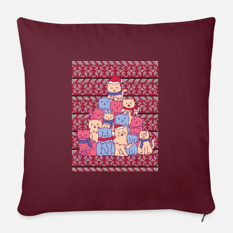 Pull de Noël laid sapin de chats - Housse de coussin décorative 45 x 45 cm - bordeaux