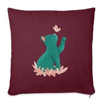 Chaton bleu et papillon rose - Housse de coussin décorative 45 x 45 cm - bordeaux - Devant