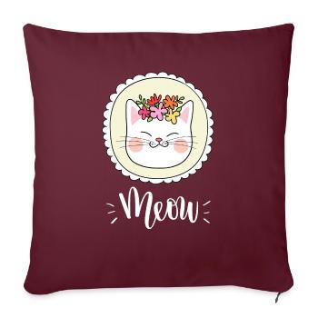 Chat mignon Kawaii drôle avec des fleurs disant miaulement - Housse de coussin décorative 45 x 45 cm - bordeaux - Devant
