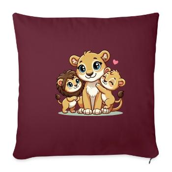 Mère lion aimante avec deux enfants mignons - Housse de coussin décorative 45 x 45 cm - bordeaux - Devant