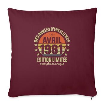 Anniversaire Millésime Fabriqué en Avril 1981 - Housse de coussin décorative 45 x 45 cm - bordeaux - Devant