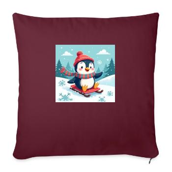 Lachender Pinguin auf dem Schlitten – Winterspaß - Sofakissenbezug 45 x 45 cm - Burgunderrot - Vorne