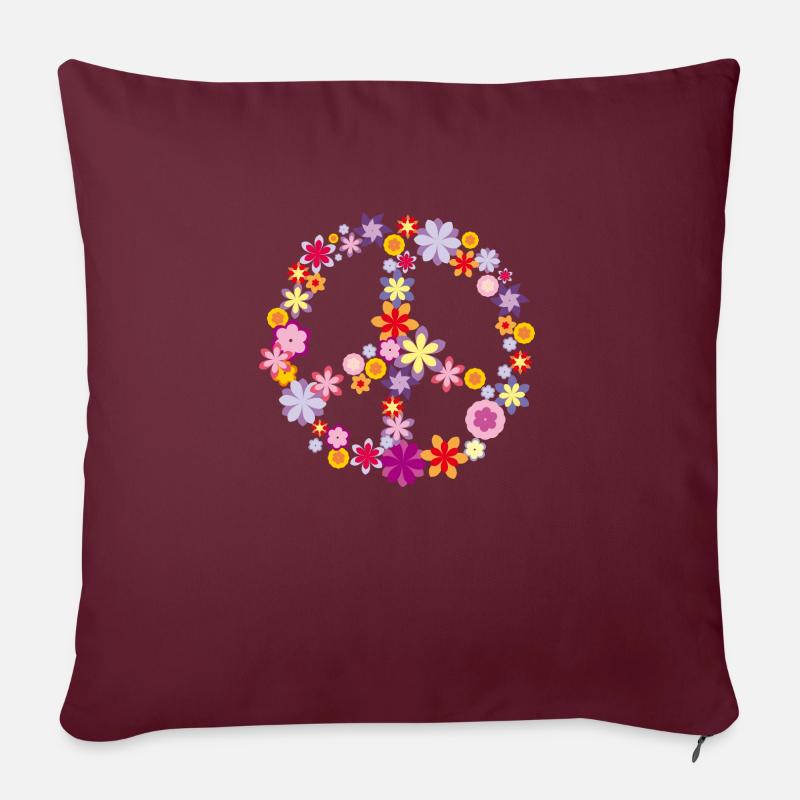 Peace / Paix symbole de fleurs - Housse de coussin décorative 45 x 45 cm - bordeaux