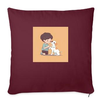 Kleiner Junge sitzt neben einem Hund - Sofakissenbezug 45 x 45 cm - Burgunderrot - Vorne