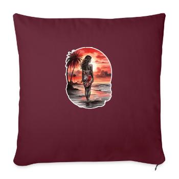 Femme sur la plage regardant le coucher de soleil rouge - Housse de coussin décorative 45 x 45 cm - bordeaux - Devant