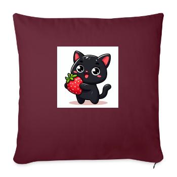 Sweet Kitty noir avec fraise et grands yeux - Housse de coussin décorative 45 x 45 cm - bordeaux - Devant