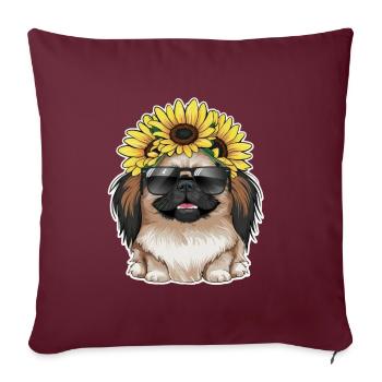 Sommerliches Sonnenblumenmotiv mit süßem Pekinese. - Sofakissenbezug 45 x 45 cm - Burgunderrot - Vorne