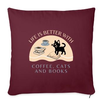 Café, chats et livres - Housse de coussin décorative 45 x 45 cm - bordeaux - Devant