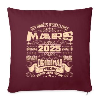 Anniversaire Vintage Né(e) en Mars 2025 - Housse de coussin décorative 45 x 45 cm - bordeaux - Devant