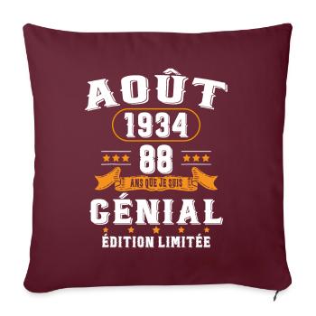 88 Ans Anniversaire Vintage Né(e) en Août 1934 - Housse de coussin décorative 45 x 45 cm - bordeaux - Devant
