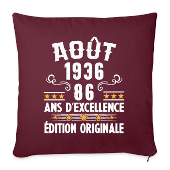 86 Ans Anniversaire Vintage Né(e) en Août 1936 - Housse de coussin décorative 45 x 45 cm - bordeaux - Devant