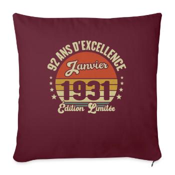 92 Ans Janvier 1931 Anniversaire Vintage Cadeau - Housse de coussin décorative 45 x 45 cm - bordeaux - Devant