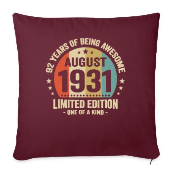 Août 1931 92 Ans Anniversaire Vintage Cadeau - Housse de coussin décorative 45 x 45 cm - bordeaux - Devant