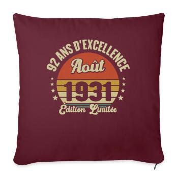 Août 1931 92 Ans Anniversaire Vintage Cadeau - Housse de coussin décorative 45 x 45 cm - bordeaux - Devant
