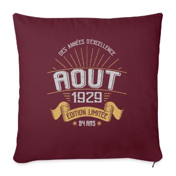 Août 1929 94 Ans Anniversaire Vintage Cadeau - Housse de coussin décorative 45 x 45 cm - bordeaux - Devant
