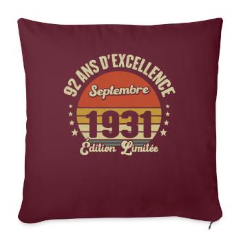 Septembre 1931 92 Ans Anniversaire Vintage Cadeau - Housse de coussin décorative 45 x 45 cm - bordeaux - Devant