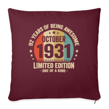 Octobre 1931 92 Ans Anniversaire Vintage Cadeau - Housse de coussin décorative 45 x 45 cm - bordeaux - Devant
