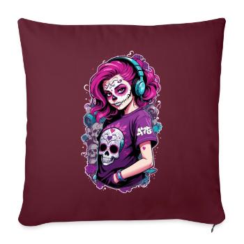 Sugar Skull Girl with Pink Hair & Blue Headphones - Sofa pillowcase 17,3'' x 17,3'' (45 x 45 cm) - burgundy - Front