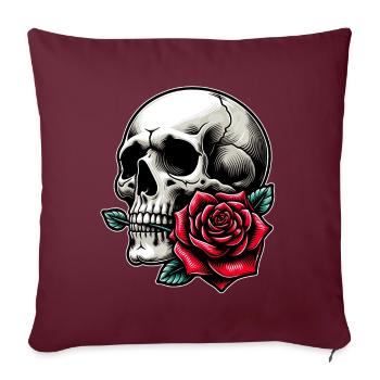 Crâne avec rose entre les dents - Housse de coussin décorative 45 x 45 cm - bordeaux - Devant