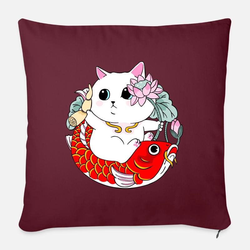 Katze und Koi-Fische - Sofakissenbezug 45 x 45 cm - Burgunderrot