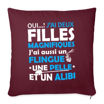 Tshirt pour Papa - J'ai deux Filles Magnifiques - Housse de coussin décorative 45 x 45 cm - bordeaux - Devant