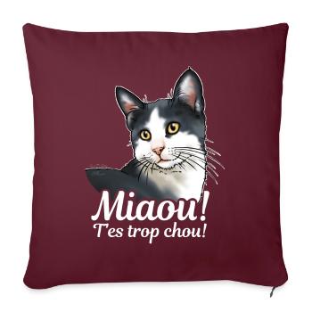 Chat noir et blanc Miaou - Housse de coussin décorative 45 x 45 cm - bordeaux - Devant