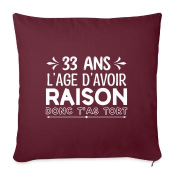 33 ans - cadeau d’anniversaire 33 ans - Housse de coussin décorative 45 x 45 cm - bordeaux - Devant