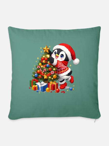 Niedlicher Pinguin Weihnachtsmann-hut - Sofakissenbezug 45 x 45 cm - Tanngrün