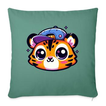 Tête de bébé Tigre Kawaii avec casquette - Housse de coussin décorative 45 x 45 cm - vert sapin - Devant