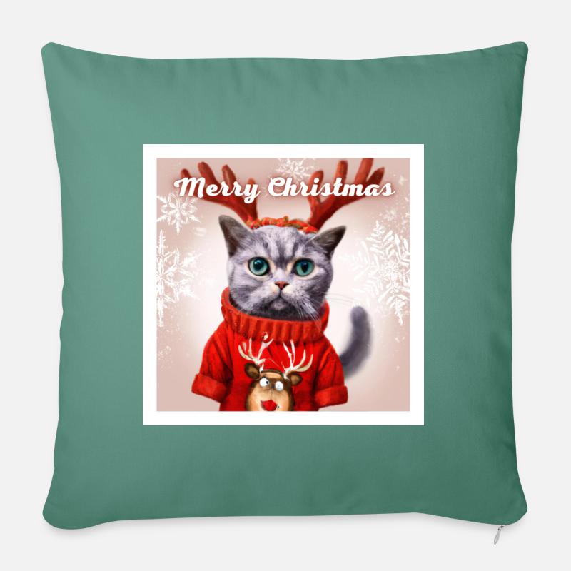 Doux chat britannique dans un pull de Noël. - Housse de coussin décorative 45 x 45 cm - vert sapin