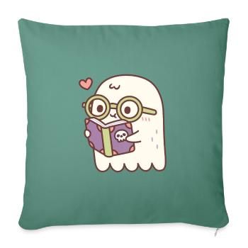 Fantôme mignon lisant un livre avec un crâne - Housse de coussin décorative 45 x 45 cm - vert sapin - Devant
