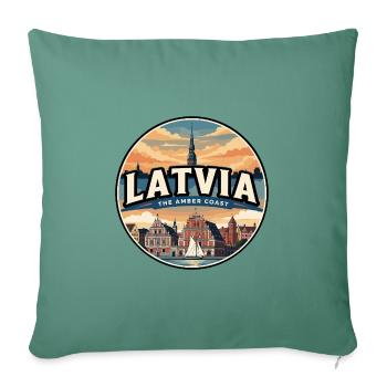 Insigne rétro de Riga à Points noirs de Lettonie - Housse de coussin décorative 45 x 45 cm - vert sapin - Devant