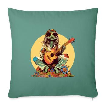 Cooler Hippie Frosch mit Gitarre und Blumen Retro - Sofakissenbezug 45 x 45 cm - Tanngrün - Vorne