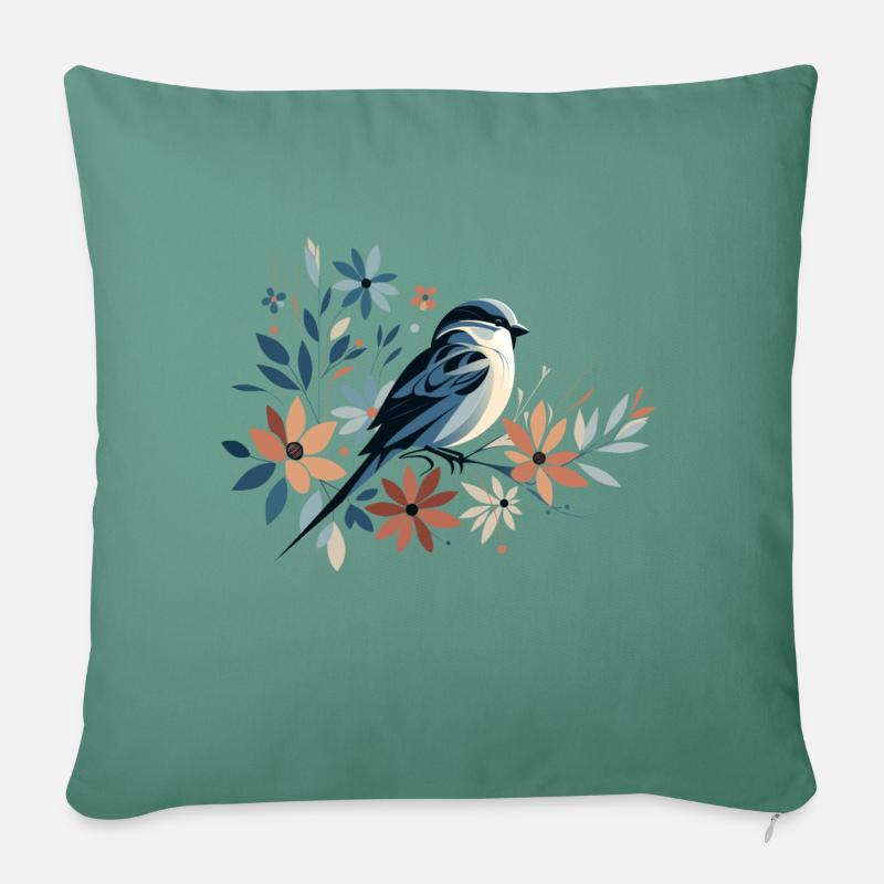 Kleiner Vogel mit Blumen - Sofakissenbezug 45 x 45 cm - Tanngrün
