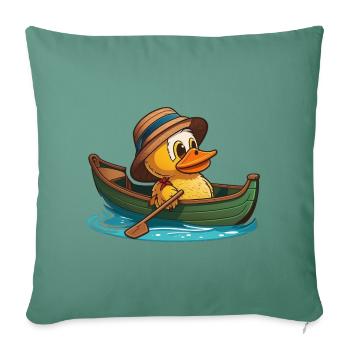 Canard mignon en bateau à rames avec chapeau d’été et fleur - Housse de coussin décorative 45 x 45 cm - vert sapin - Devant