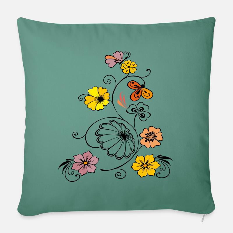 Blumenranke mit Schmetterling - Sofakissenbezug 45 x 45 cm - Tanngrün