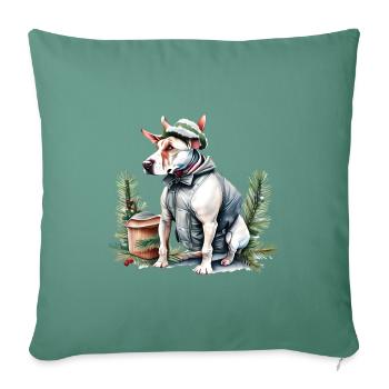 Bull Terrier anglais dans un chapeau de Père Noël - Housse de coussin décorative 45 x 45 cm - vert sapin - Devant