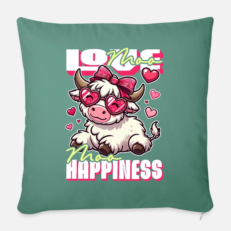 Moo Love, Moo Happiness - Conception de vache mignonne - Housse de coussin décorative 45 x 45 cm - vert sapin