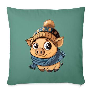 Cute piggy with scarf and bobble hat. - Sofa pillowcase 17,3'' x 17,3'' (45 x 45 cm) - cypress green - Front