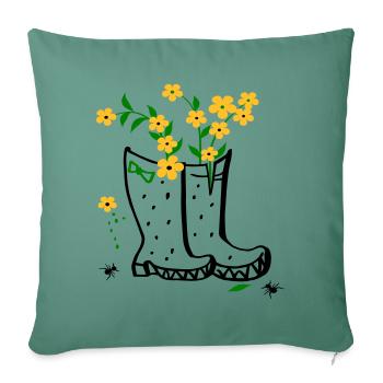 Garten mit Blumen und Stiefel - Sofakissenbezug 45 x 45 cm - Tanngrün - Vorne