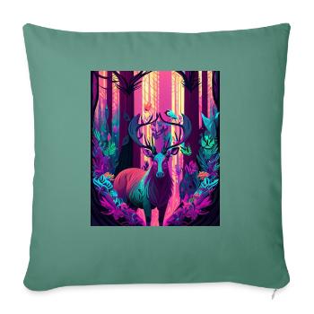 Cerf de forêt rougeoyant avec oiseau néon - Housse de coussin décorative 45 x 45 cm - vert sapin - Devant