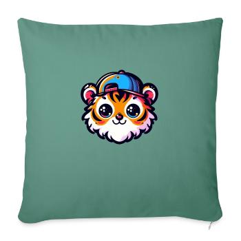 Tête de Tigre Kawaii avec casquette - Housse de coussin décorative 45 x 45 cm - vert sapin - Devant