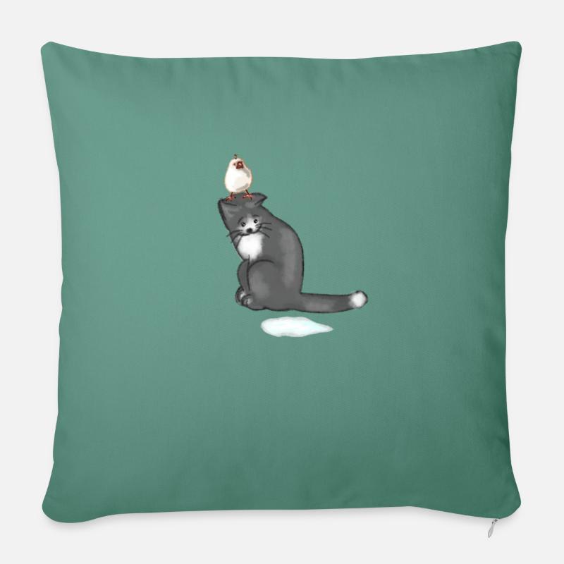 Katze und Vogel - Sofakissenbezug 45 x 45 cm - Tanngrün