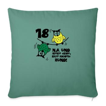 18 anniversaire, hiboux sur la corde, rond - Housse de coussin décorative 45 x 45 cm - vert sapin - Devant