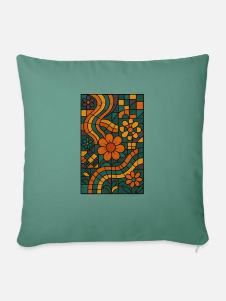 Retro Blumen Mosaik Design – Buntes Vintage 70er - Sofakissenbezug 45 x 45 cm - Tanngrün