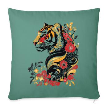 Jugendstil - bunter Tiger und Blumen - Sofakissenbezug 45 x 45 cm - Tanngrün - Vorne