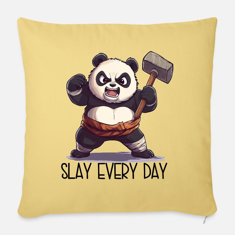 Aggro Panda with Hammer – SLAY EVERY DAY - Sofa pillowcase 17,3'' x 17,3'' (45 x 45 cm) - washed yellow
